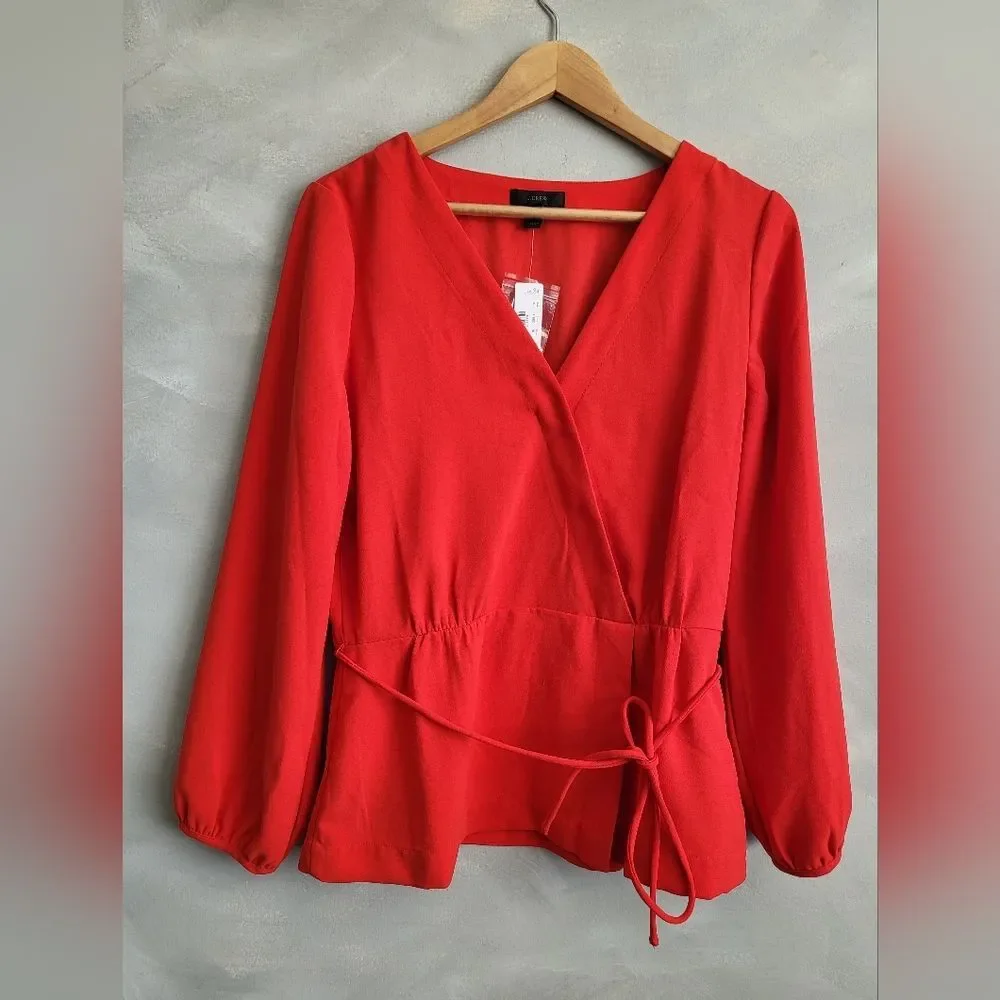 J.Crew Drapey Faux Wrap Top Red NWT Sz 10 Tall Tie Waist